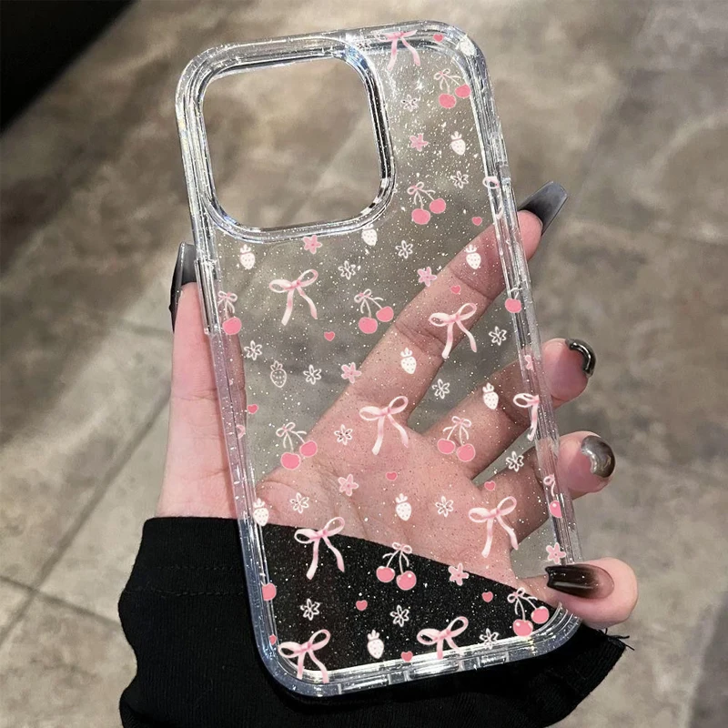 Phone Cases Cherry - Pink Cherry Small Bow Cute Glitter
